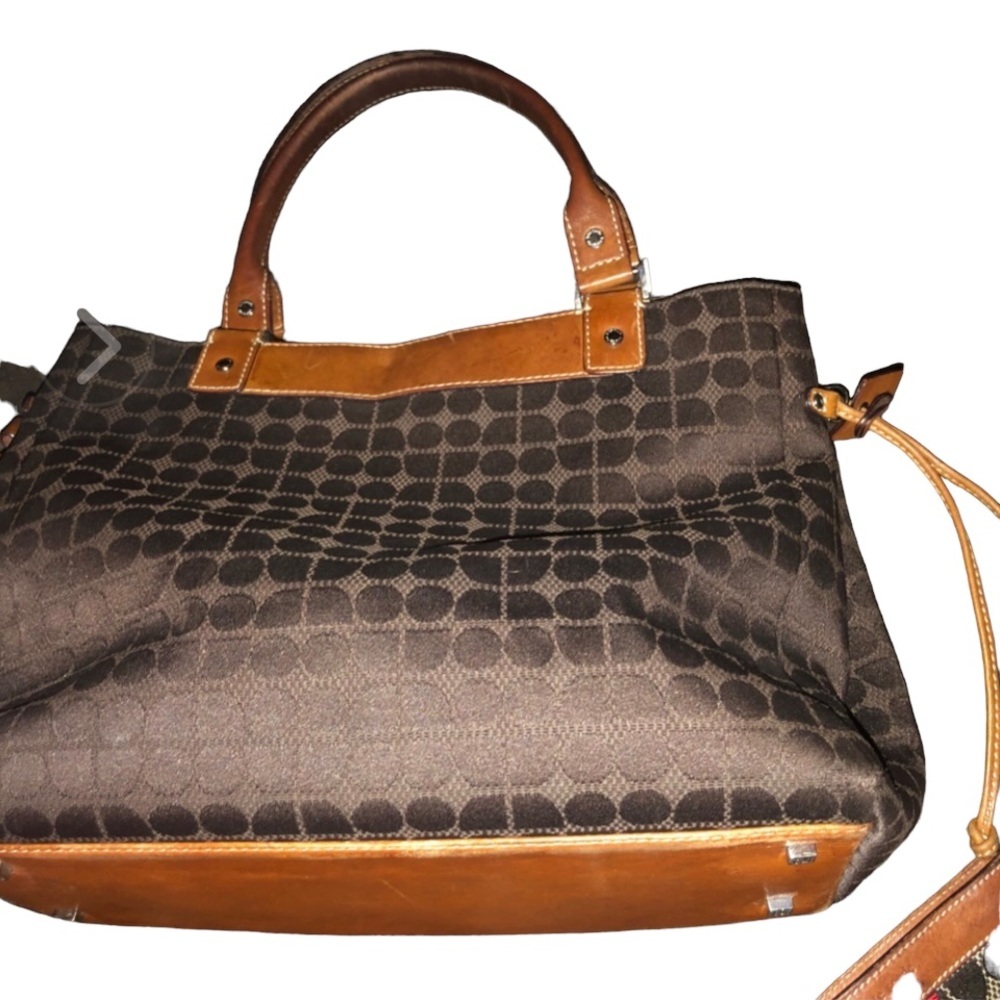 Kate Spade dark brown canvas  shoulder bag geometrical print brown leather trim